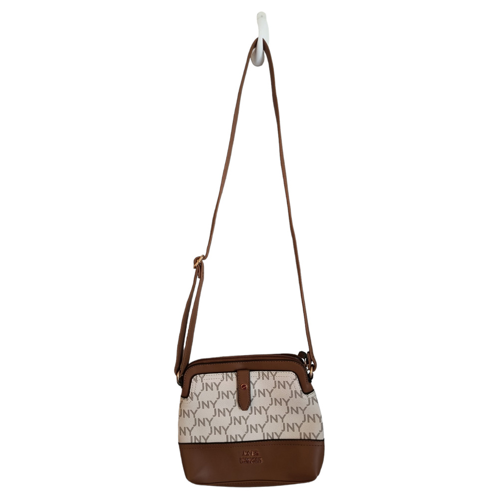 Jones New York Crossbody Bag  Adjustable Strap Brown Logo Print Top Zip close